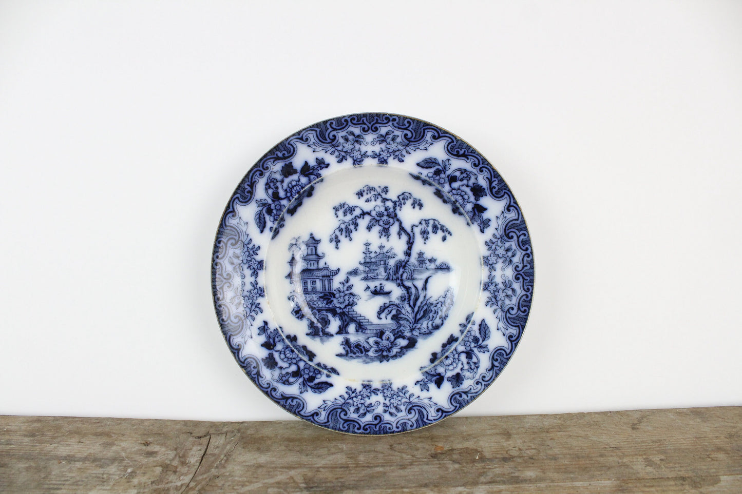 Furnivals England Shanghae Flow Blue White Soup Shallow Bowl Serving Piece Distressed Bowl China Ironstone