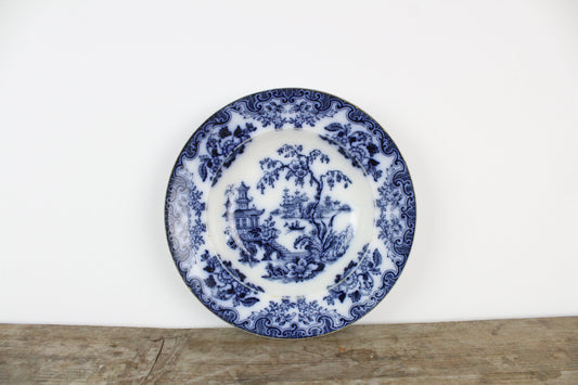 Furnivals England Shanghae Flow Blue White Soup Shallow Bowl Serving Piece Distressed Bowl China Ironstone