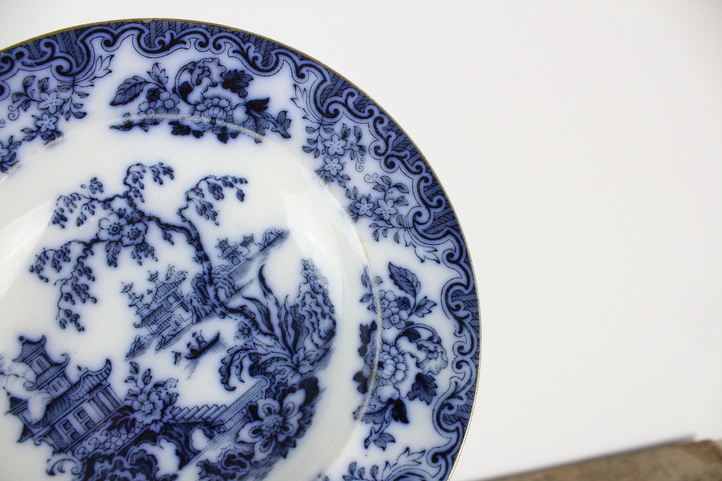 Furnivals England Shanghae Flow Blue White Soup Shallow Bowl Serving Piece Distressed Bowl China Ironstone