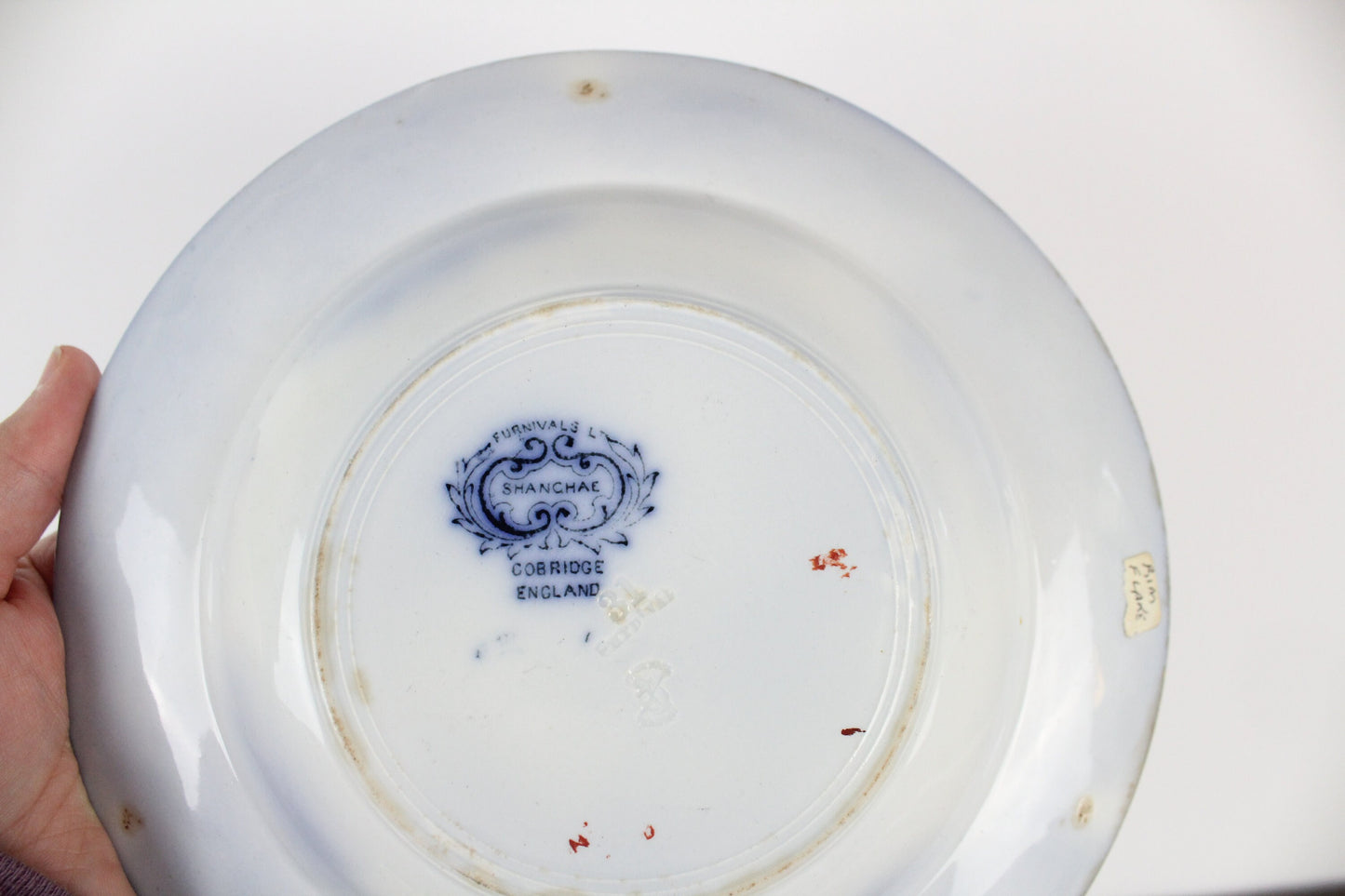 Furnivals England Shanghae Flow Blue White Soup Shallow Bowl Serving Piece Distressed Bowl China Ironstone