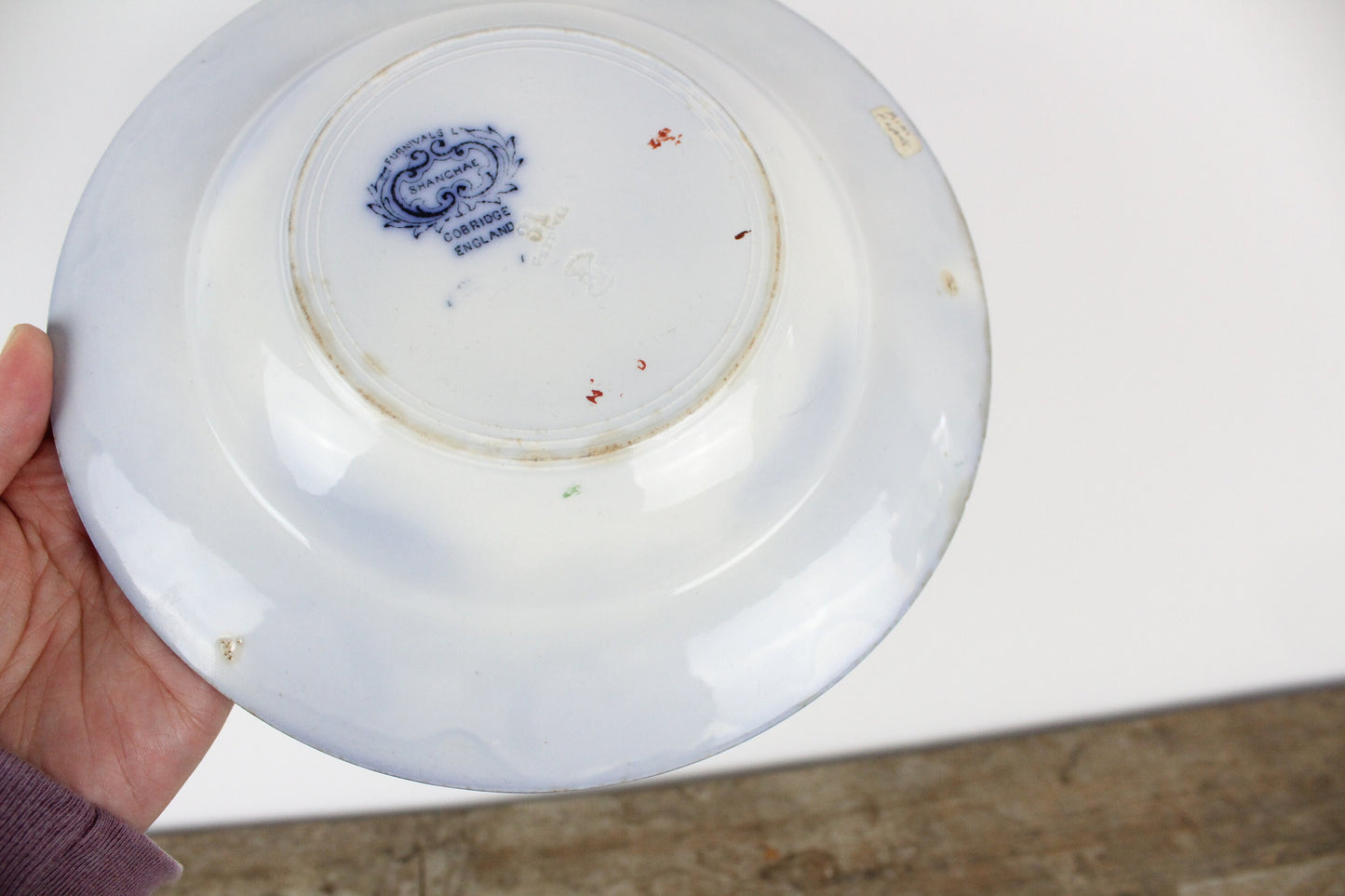 Furnivals England Shanghae Flow Blue White Soup Shallow Bowl Serving Piece Distressed Bowl China Ironstone