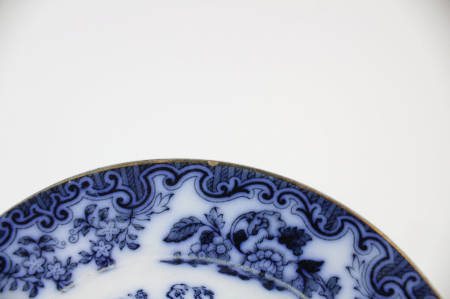 Furnivals England Shanghae Flow Blue White Soup Shallow Bowl Serving Piece Distressed Bowl China Ironstone