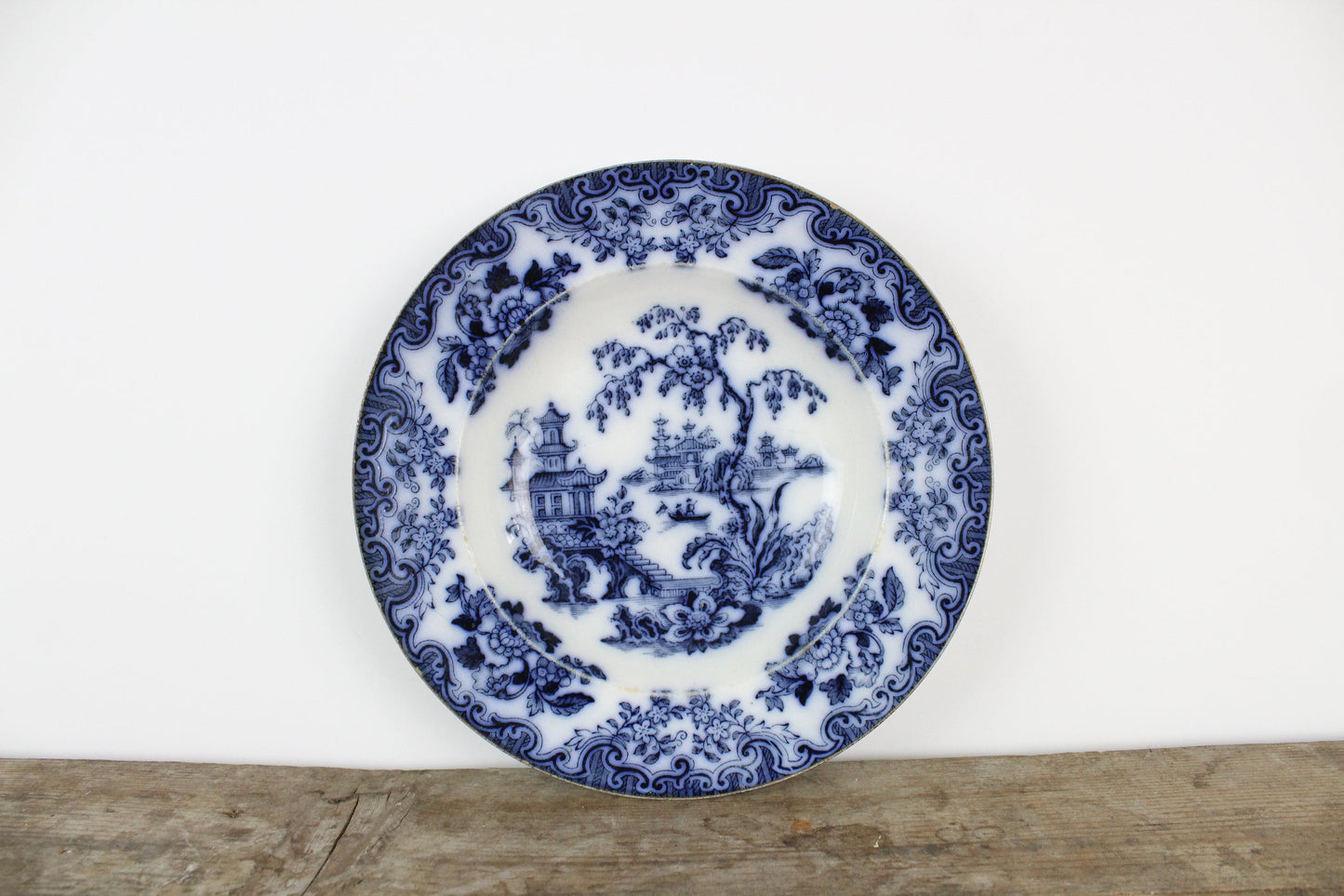 Furnivals England Shanghae Flow Blue White Soup Shallow Bowl Serving Piece Distressed Bowl China Ironstone