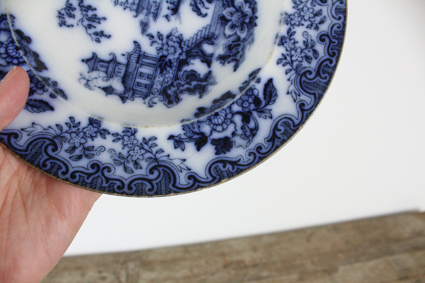 Furnivals England Shanghae Flow Blue White Soup Shallow Bowl Serving Piece Distressed Bowl China Ironstone
