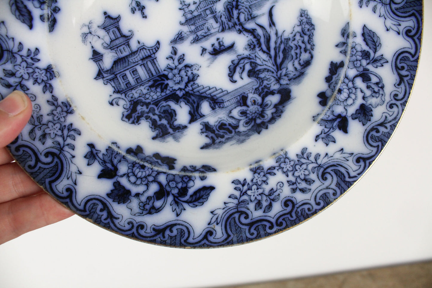 Furnivals England Shanghae Flow Blue White Soup Shallow Bowl Serving Piece Distressed Bowl China Ironstone