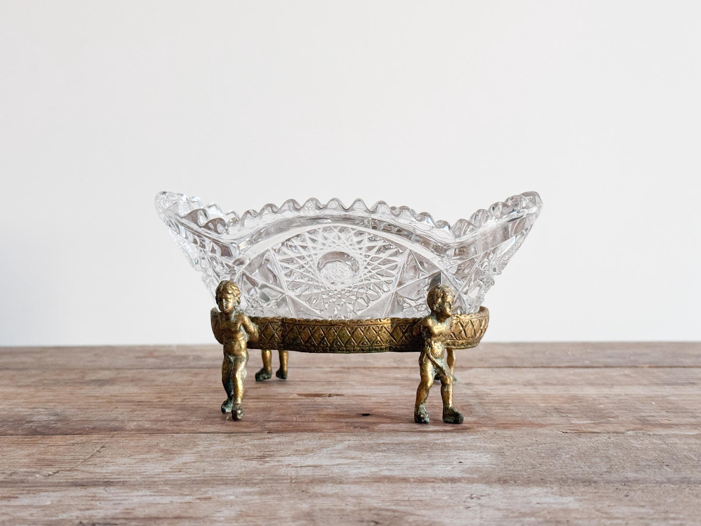 Globe Cherub Raised Cut Glass Ornate Glass Brass Catchall Dish