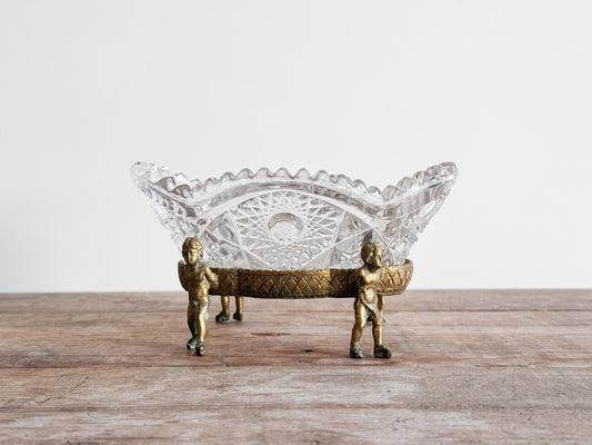Globe Cherub Raised Cut Glass Ornate Glass Brass Catchall Dish