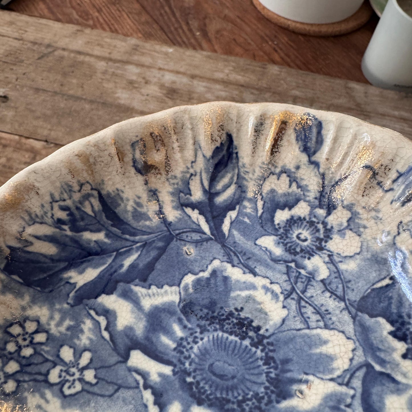 Antique Dunn Bennett Florence England Fruit Shallow Bowl Dish Plate Blue and White Gold