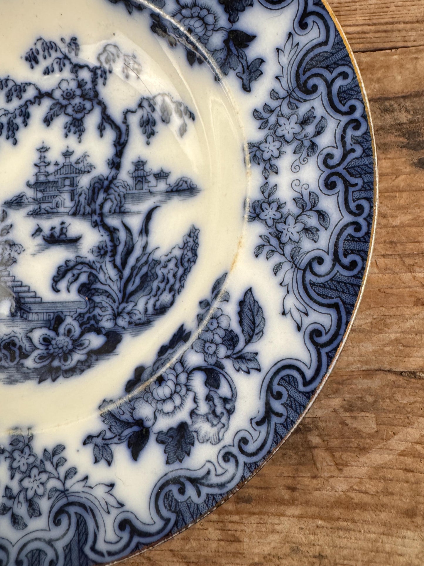 Furnivals England Shanghae Flow Blue White Soup Shallow Bowl Serving Piece