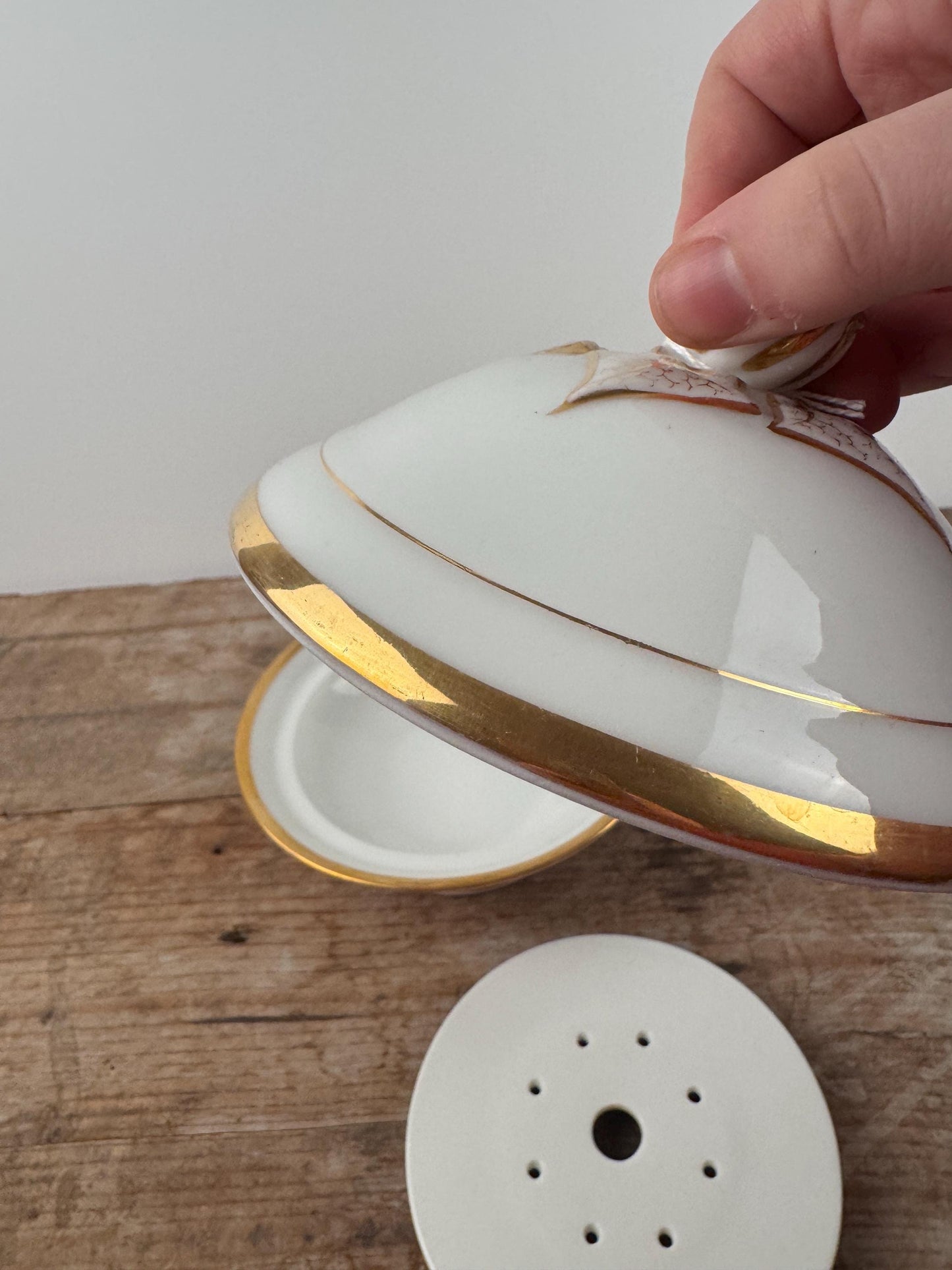 White Gold Limoges Covered Butter Serving Dish Ironstone With Insert 3-Piece