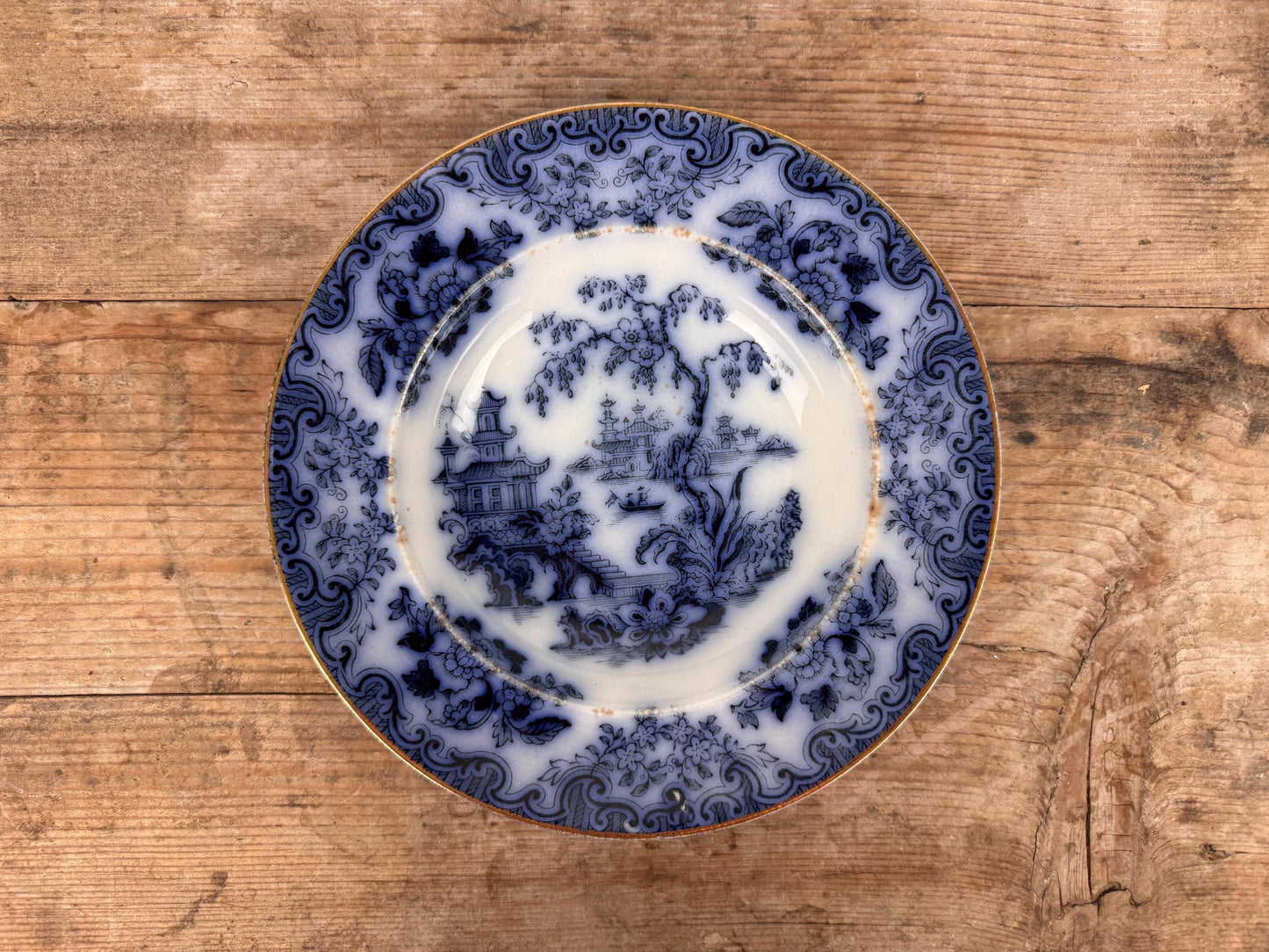 Furnivals England Shanghae Flow Blue White Soup Shallow Bowl Serving Piece Distressed Bowl China Ironstone