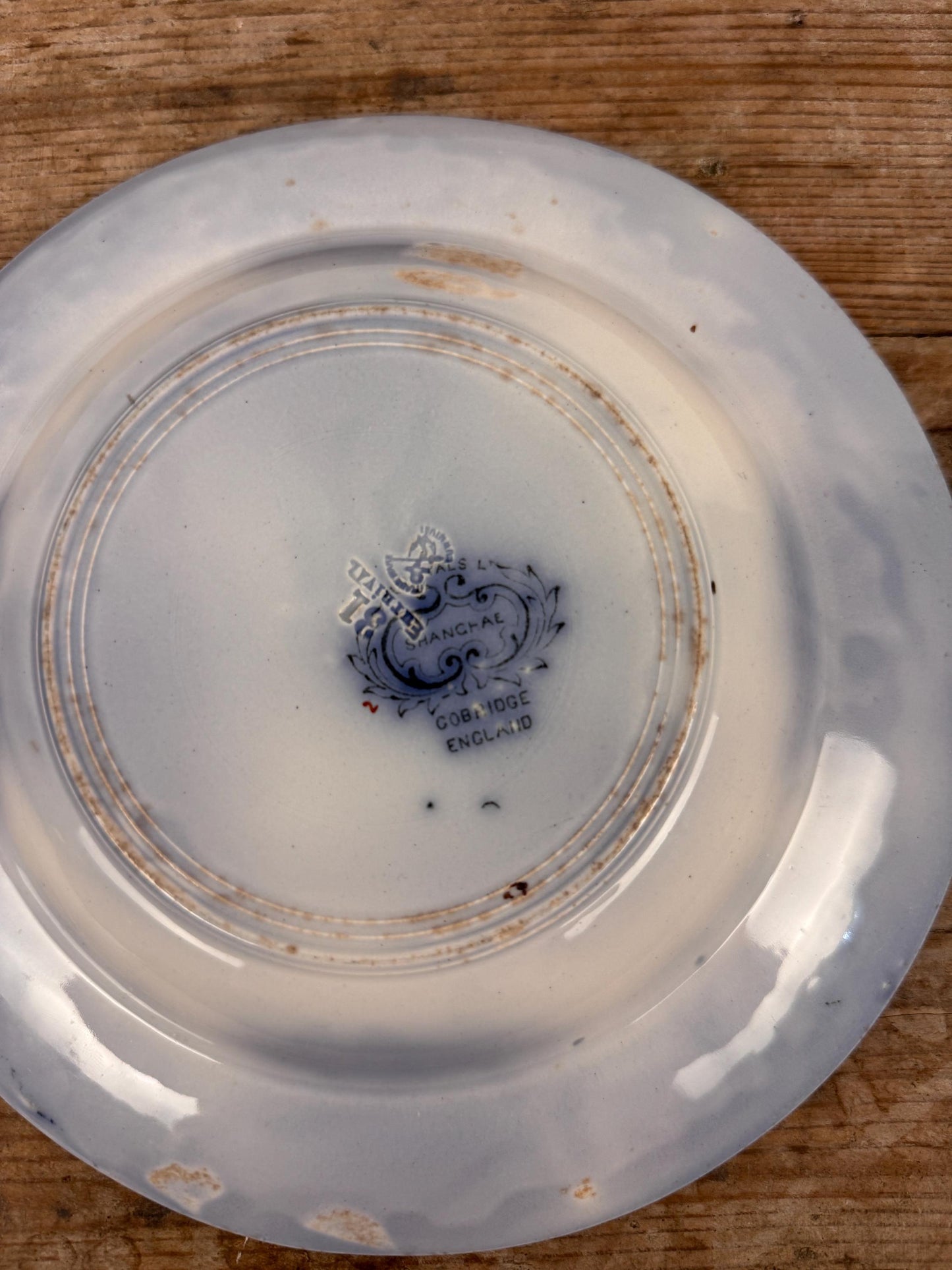 Furnivals England Shanghae Flow Blue White Soup Shallow Bowl Serving Piece Distressed Bowl China Ironstone