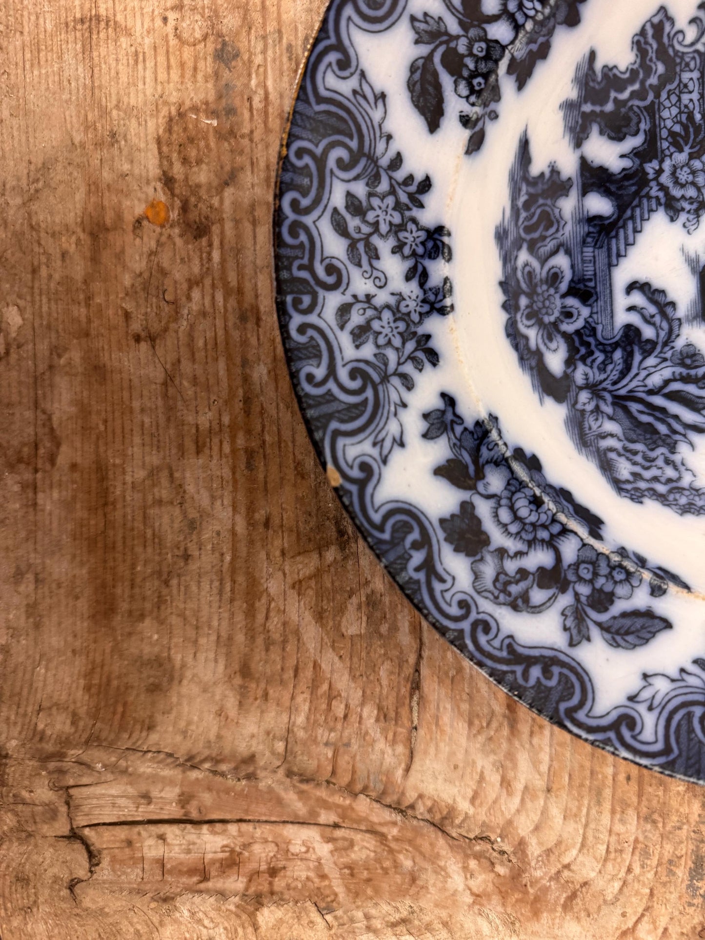 Furnivals England Shanghae Flow Blue White Soup Shallow Bowl Serving Piece Distressed Bowl China Ironstone