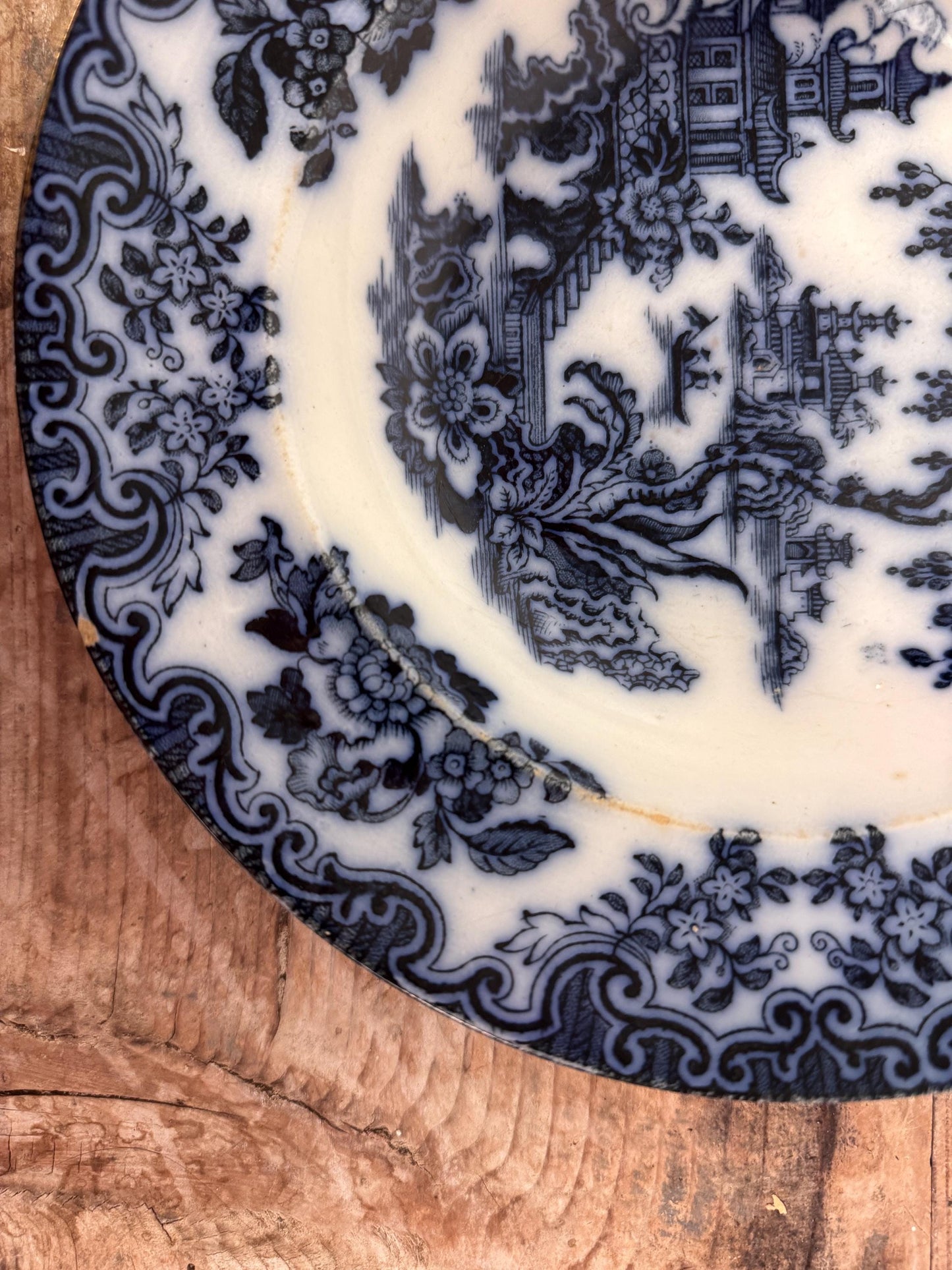 Furnivals England Shanghae Flow Blue White Soup Shallow Bowl Serving Piece Distressed Bowl China Ironstone