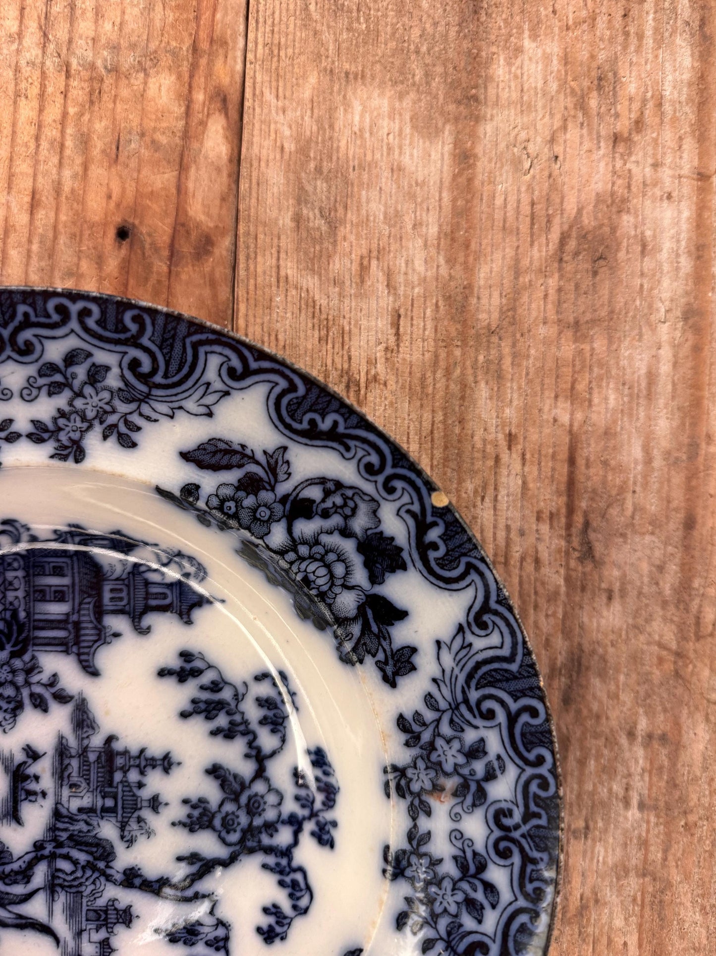 Furnivals England Shanghae Flow Blue White Soup Shallow Bowl Serving Piece Distressed Bowl China Ironstone