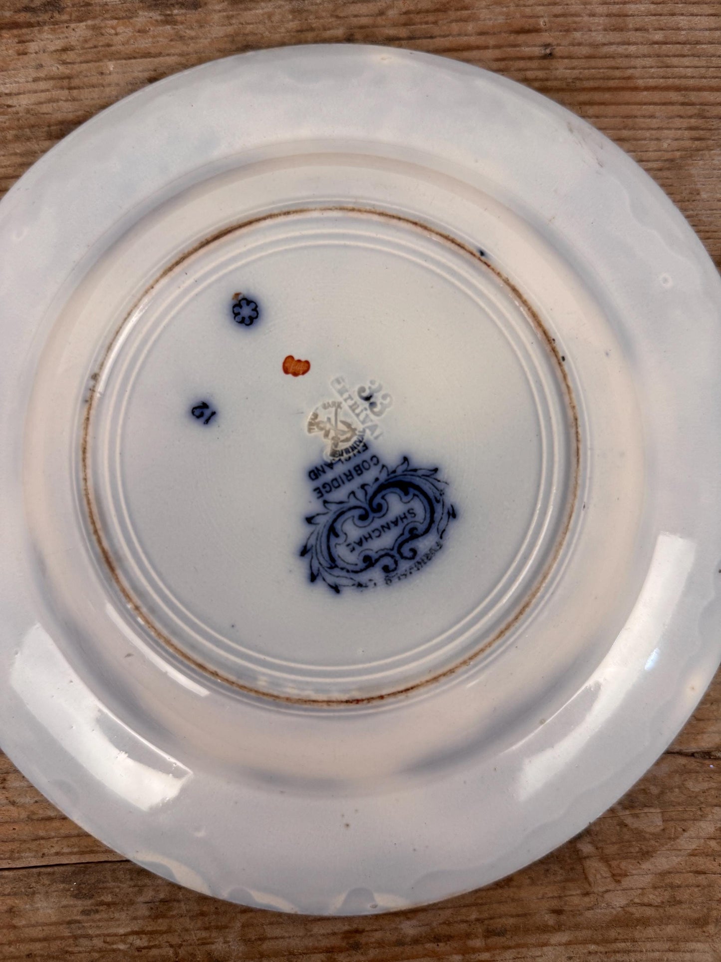 Furnivals England Shanghae Flow Blue White Soup Shallow Bowl Serving Piece Distressed Bowl China Ironstone
