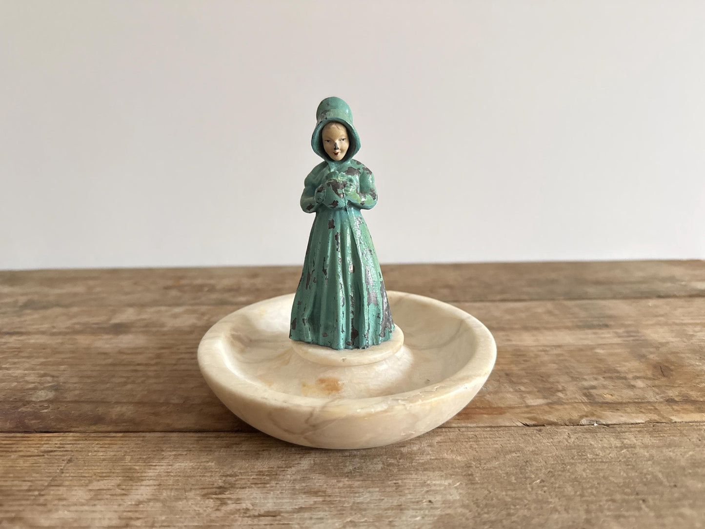 Antique Alabaster Dish Woman Holding Pitcher Trinket Dish Earring Holder