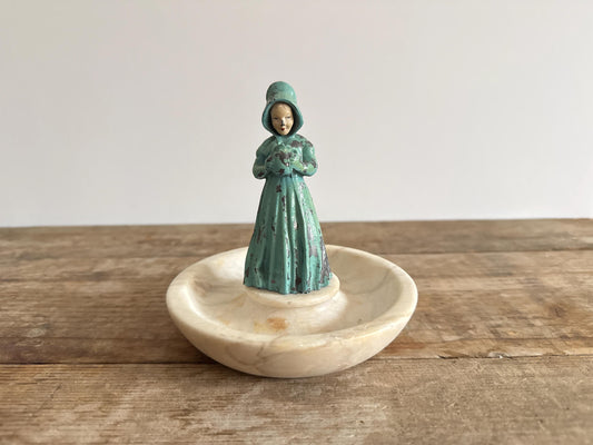 Antique Alabaster Dish Woman Holding Pitcher Trinket Dish Earring Holder