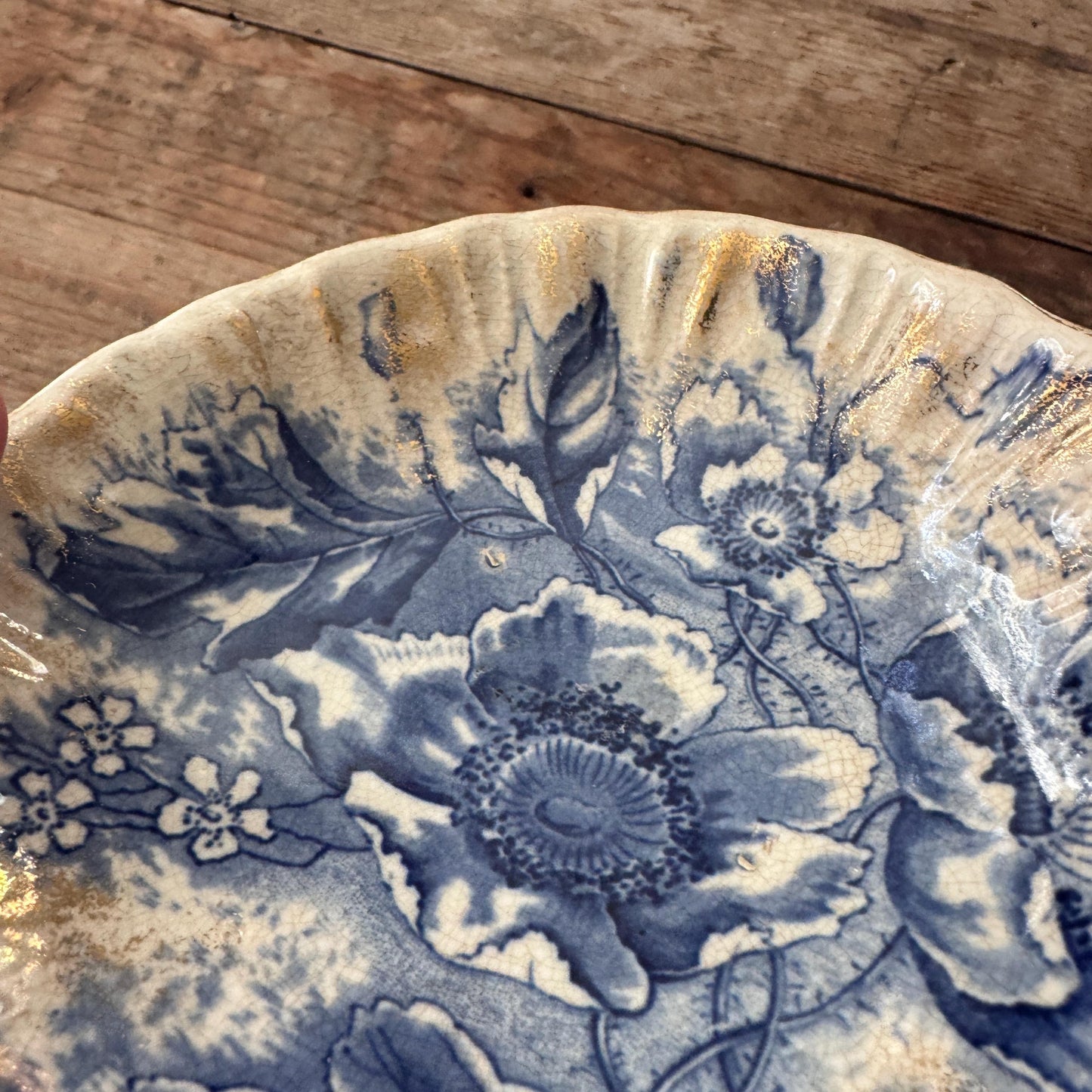 Antique Dunn Bennett Florence England Fruit Shallow Bowl Dish Plate Blue and White Gold