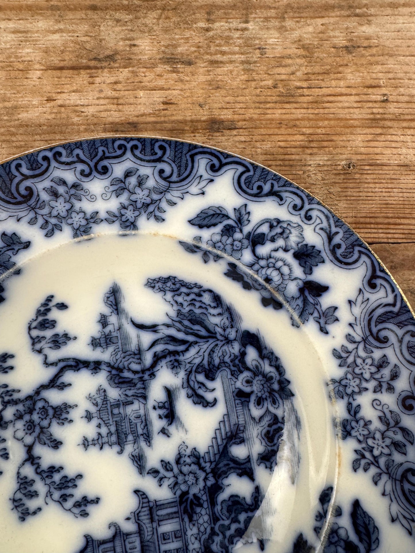 Furnivals England Shanghae Flow Blue White Soup Shallow Bowl Serving Piece