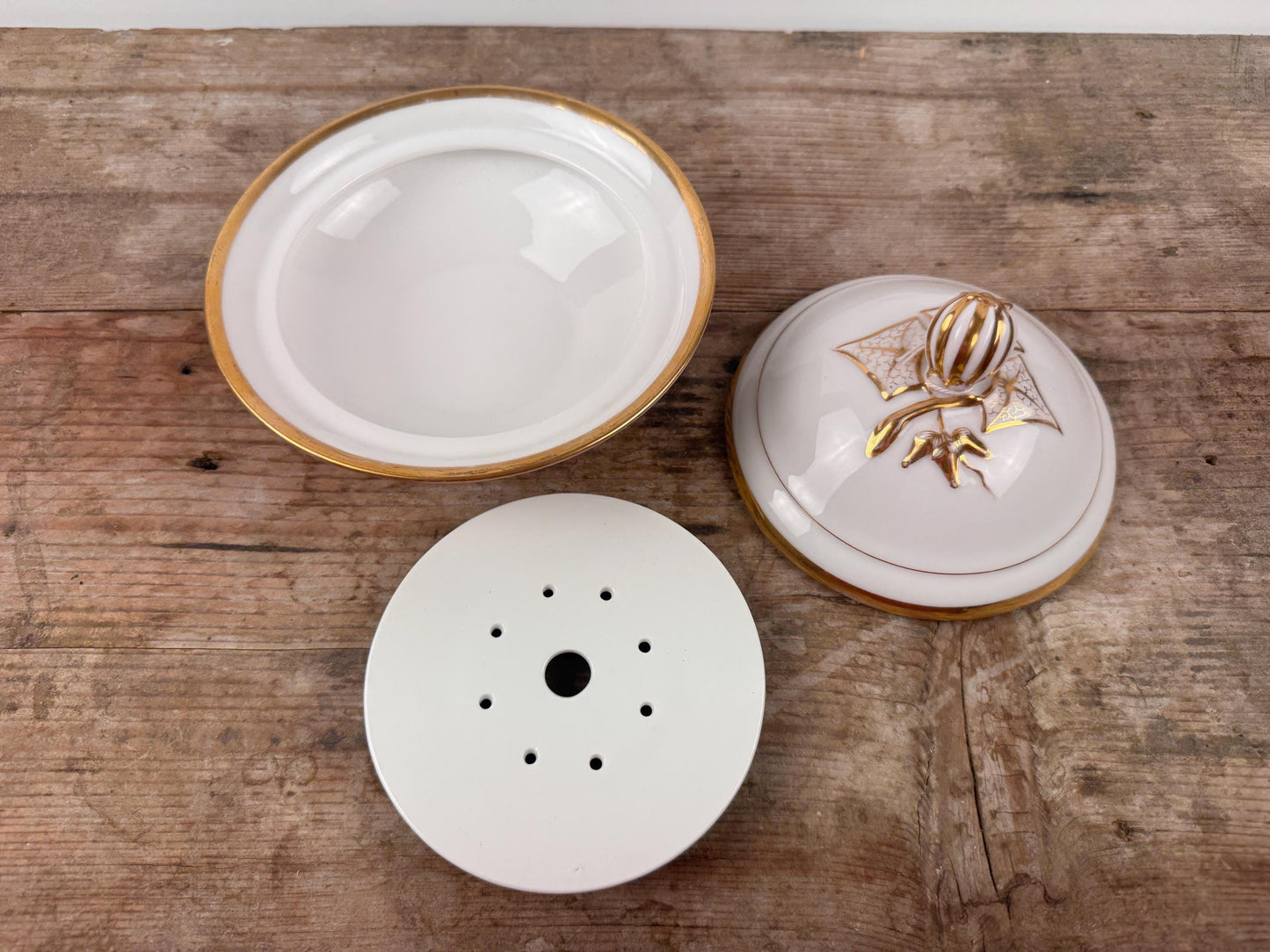 White Gold Limoges Covered Butter Serving Dish Ironstone With Insert 3-Piece