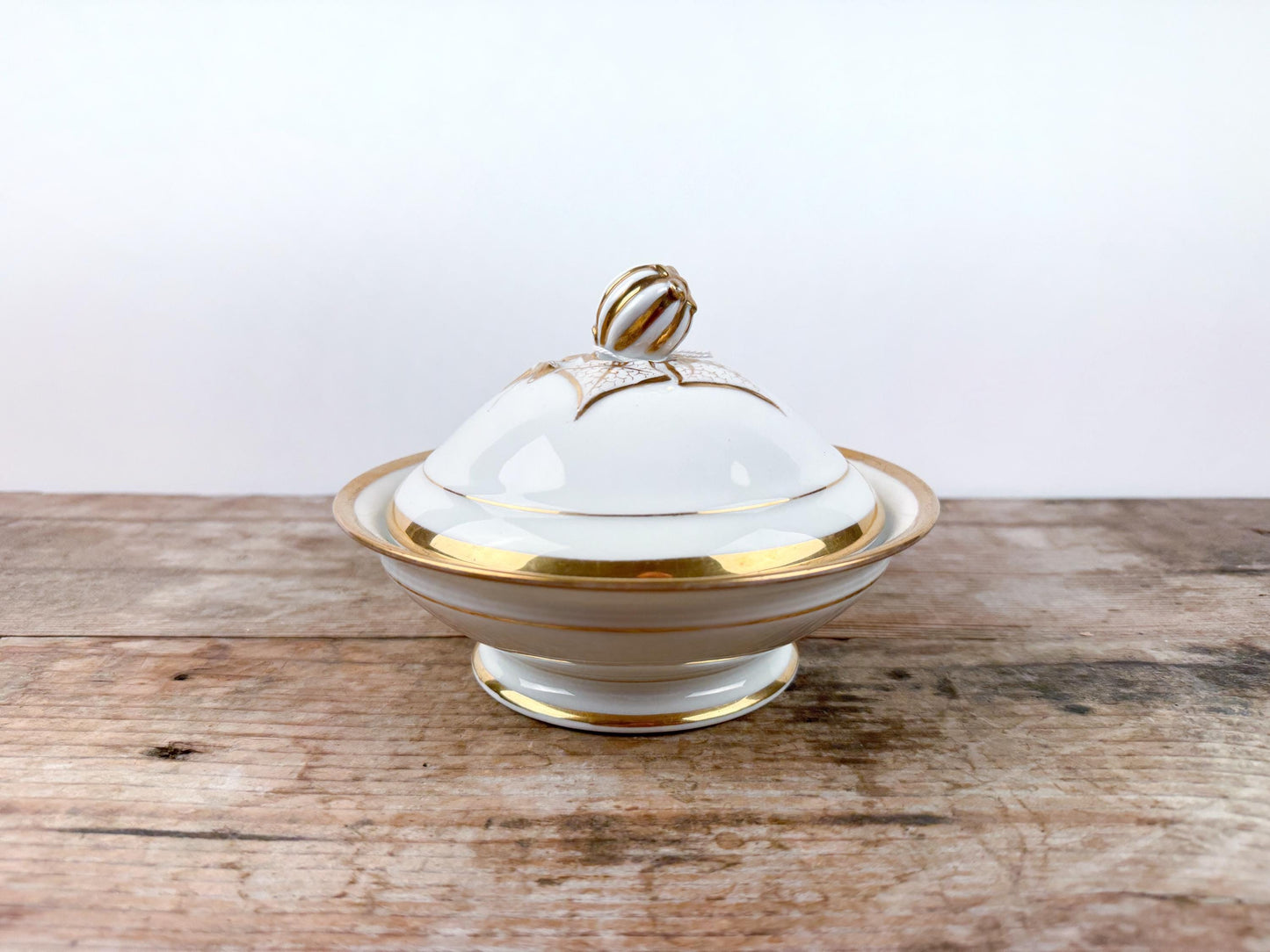 White Gold Limoges Covered Butter Serving Dish Ironstone With Insert 3-Piece