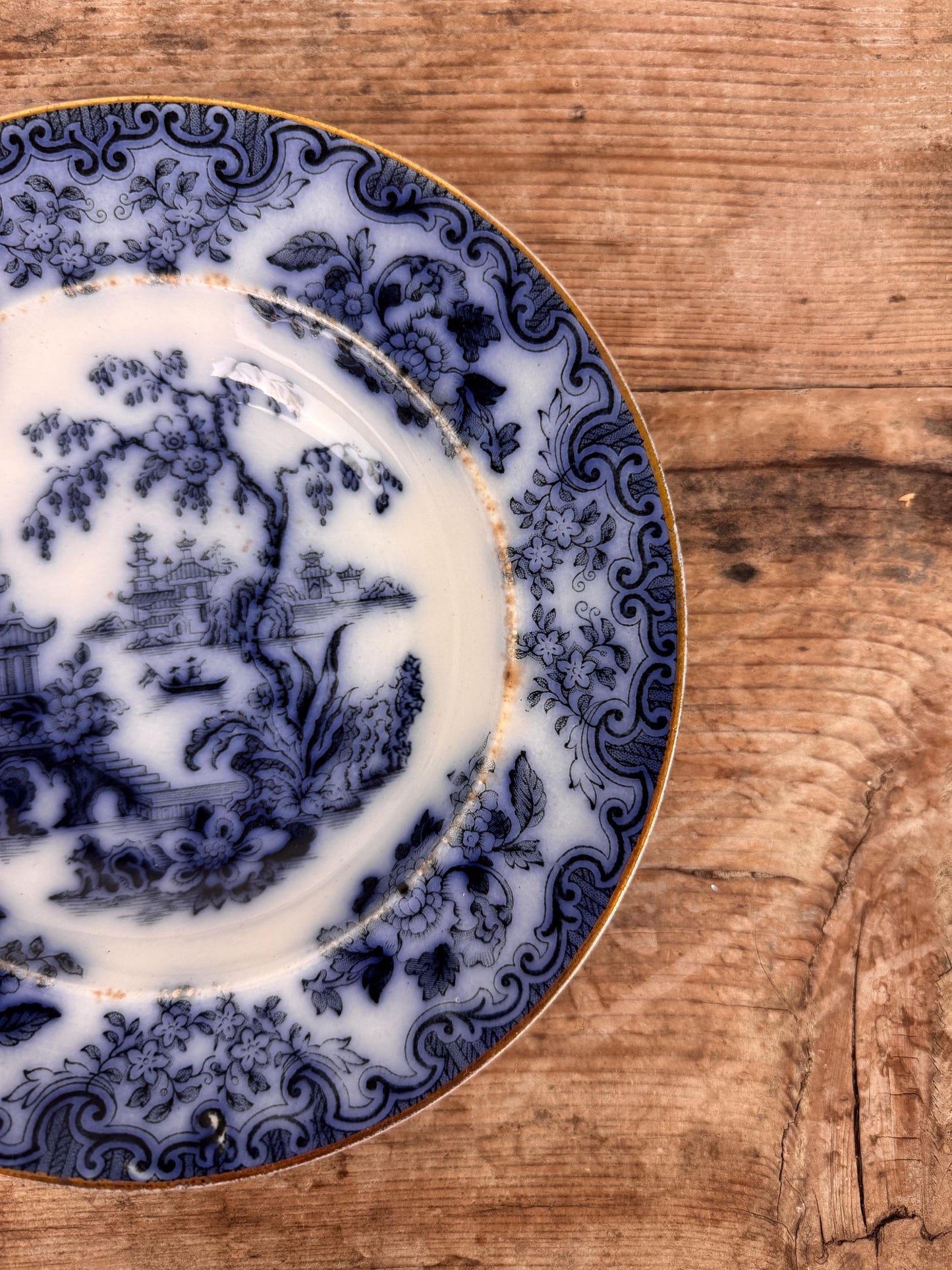 Furnivals England Shanghae Flow Blue White Soup Shallow Bowl Serving Piece Distressed Bowl China Ironstone