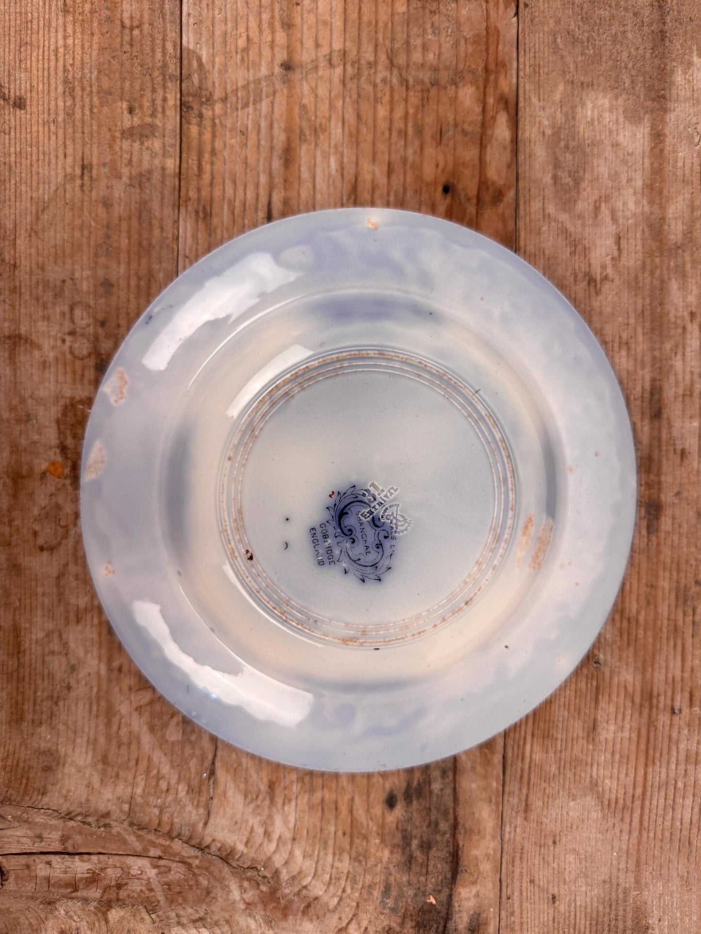 Furnivals England Shanghae Flow Blue White Soup Shallow Bowl Serving Piece Distressed Bowl China Ironstone