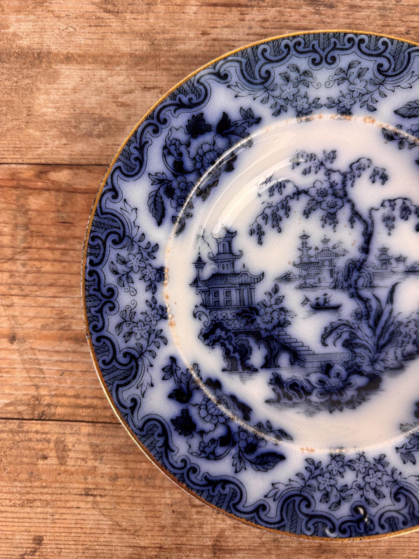 Furnivals England Shanghae Flow Blue White Soup Shallow Bowl Serving Piece Distressed Bowl China Ironstone
