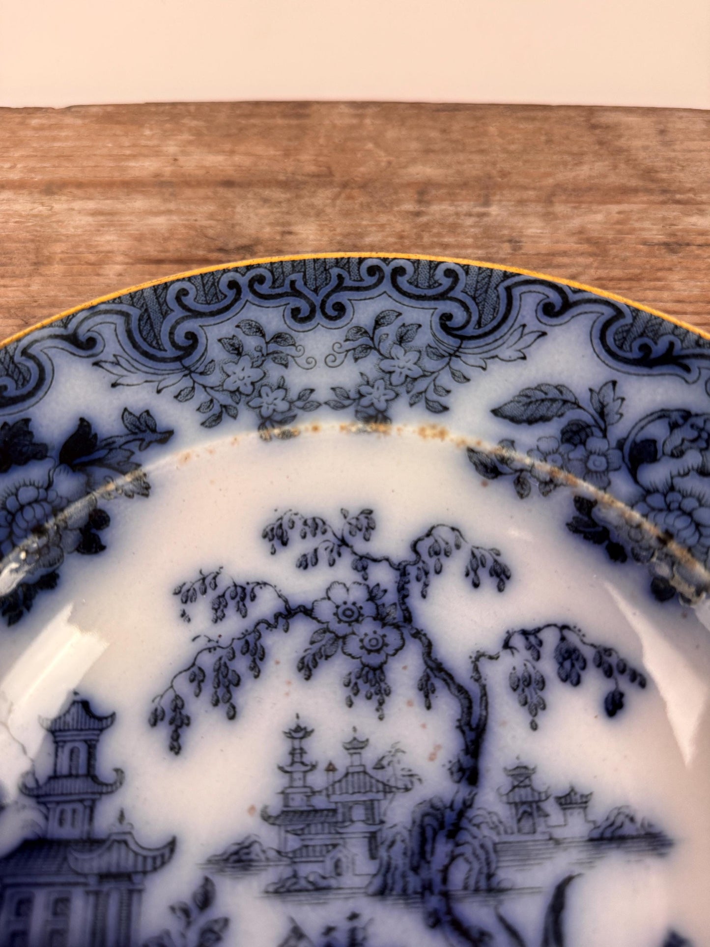 Furnivals England Shanghae Flow Blue White Soup Shallow Bowl Serving Piece Distressed Bowl China Ironstone