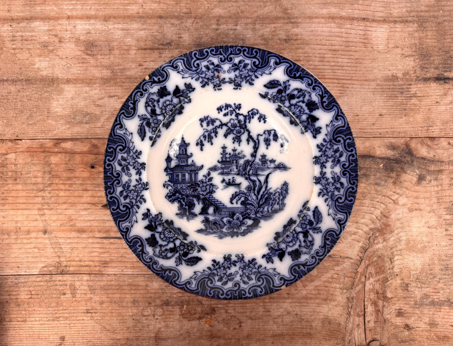 Furnivals England Shanghae Flow Blue White Soup Shallow Bowl Serving Piece Distressed Bowl China Ironstone