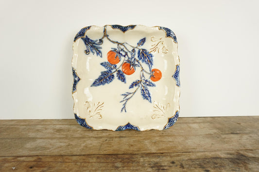 Antique Earthenware Chinoiserie Gilt White Blue Red Orange Fruit Square Raised Dish Bowl Plate 19th Century