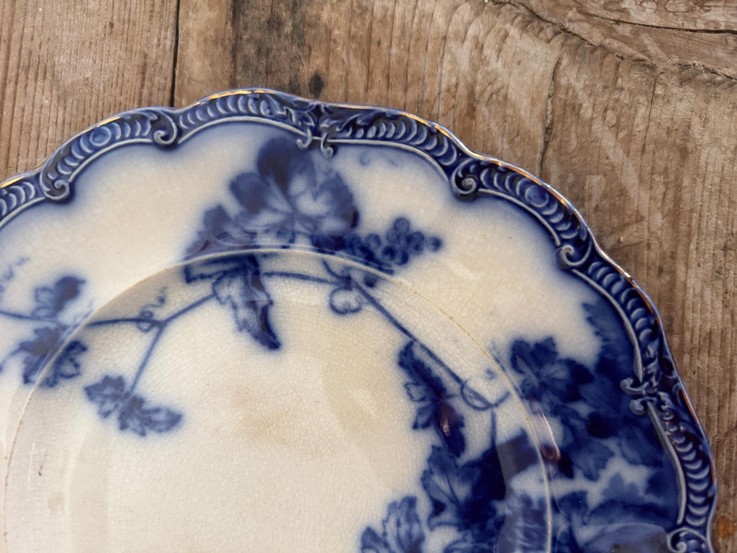 Ridgways Lonsdale Flow Blue 10" Dinner Plate 9 7/8 in Gold Edge