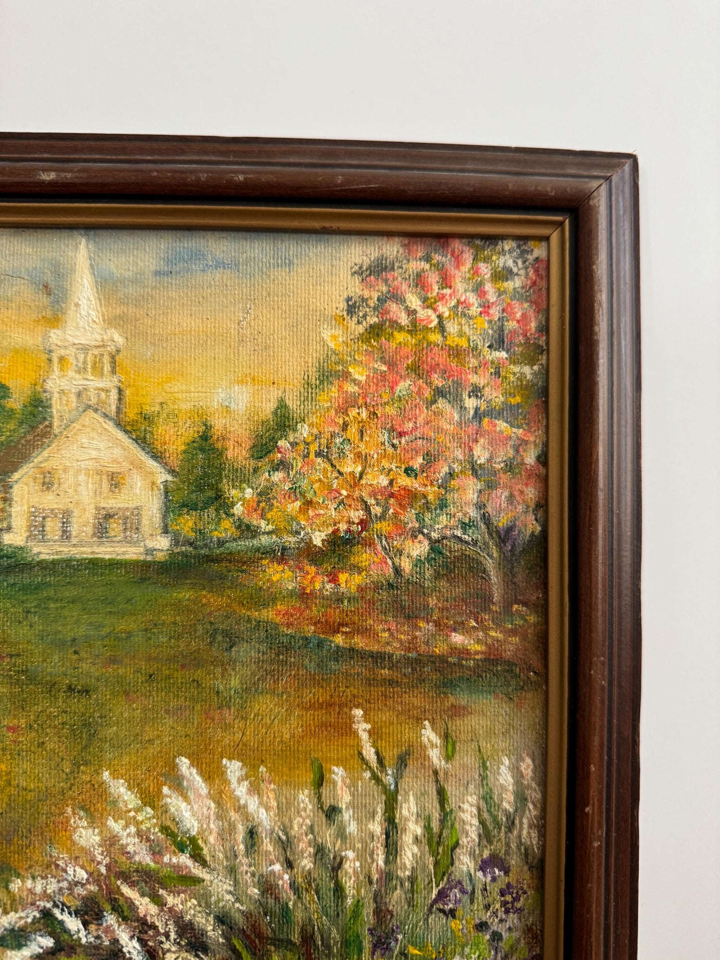 Framed Autumn Trees Warm Tone Church Fall Hobby Painting Framed Vintage Wall Art M Fitzroy