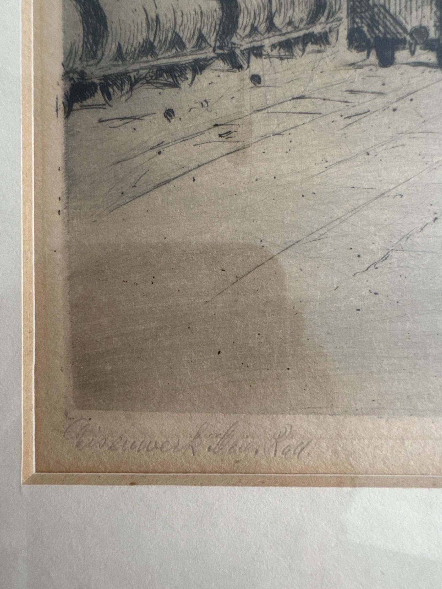 Anton Shutz Vintage Pencil Signed Etching Black Framed Train Align Rail Industrial Railway Print "Eisenwerk Bei Hattingen" Ironworks