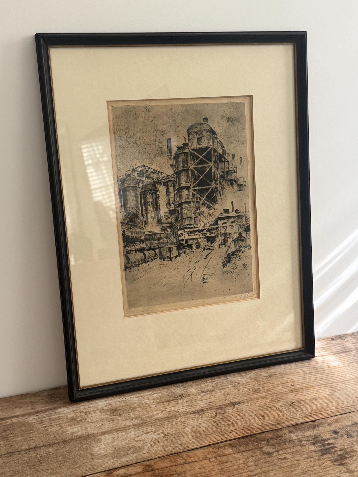 Anton Shutz Vintage Pencil Signed Etching Black Framed Train Align Rail Industrial Railway Print "Eisenwerk Bei Hattingen" Ironworks