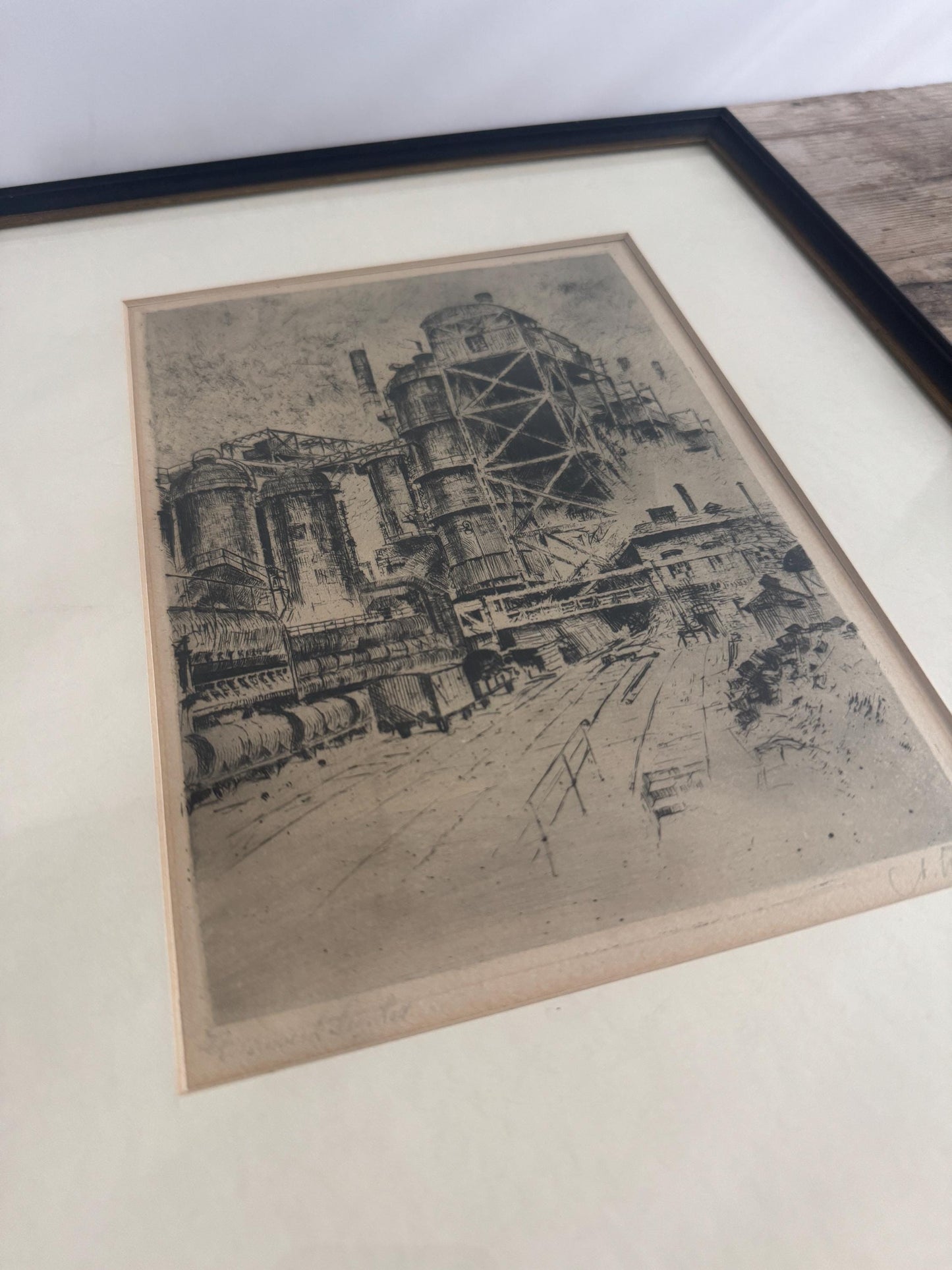 Anton Shutz Vintage Pencil Signed Etching Black Framed Train Align Rail Industrial Railway Print "Eisenwerk Bei Hattingen" Ironworks
