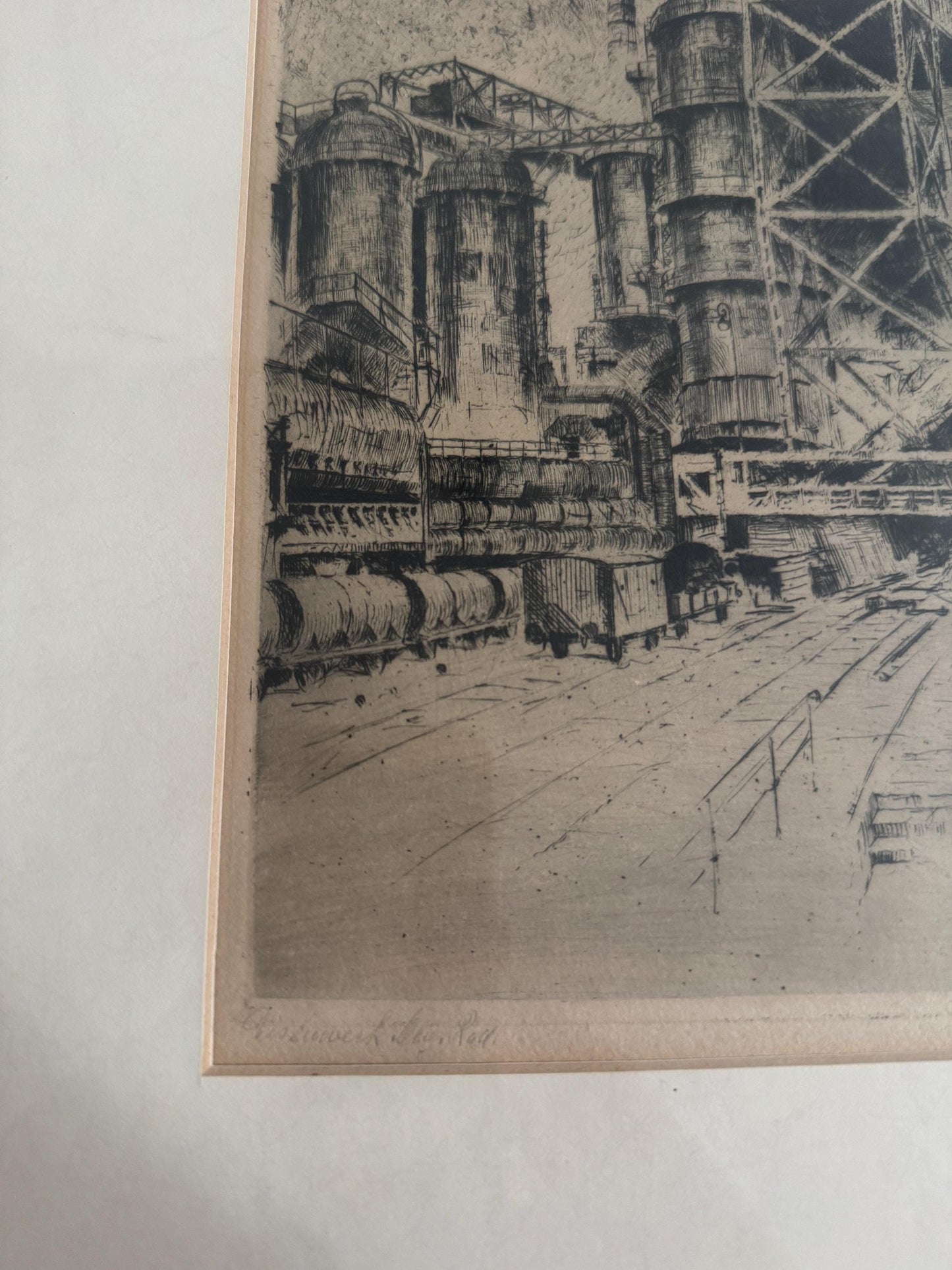 Anton Shutz Vintage Pencil Signed Etching Black Framed Train Align Rail Industrial Railway Print "Eisenwerk Bei Hattingen" Ironworks