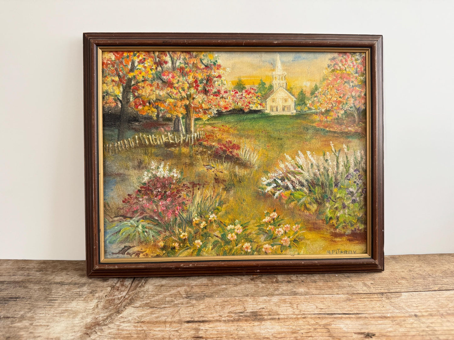 Framed Autumn Trees Warm Tone Church Fall Hobby Painting Framed Vintage Wall Art M Fitzroy