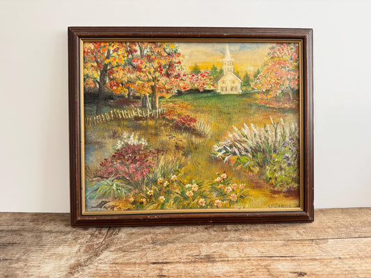 Framed Autumn Trees Warm Tone Church Fall Hobby Painting Framed Vintage Wall Art M Fitzroy