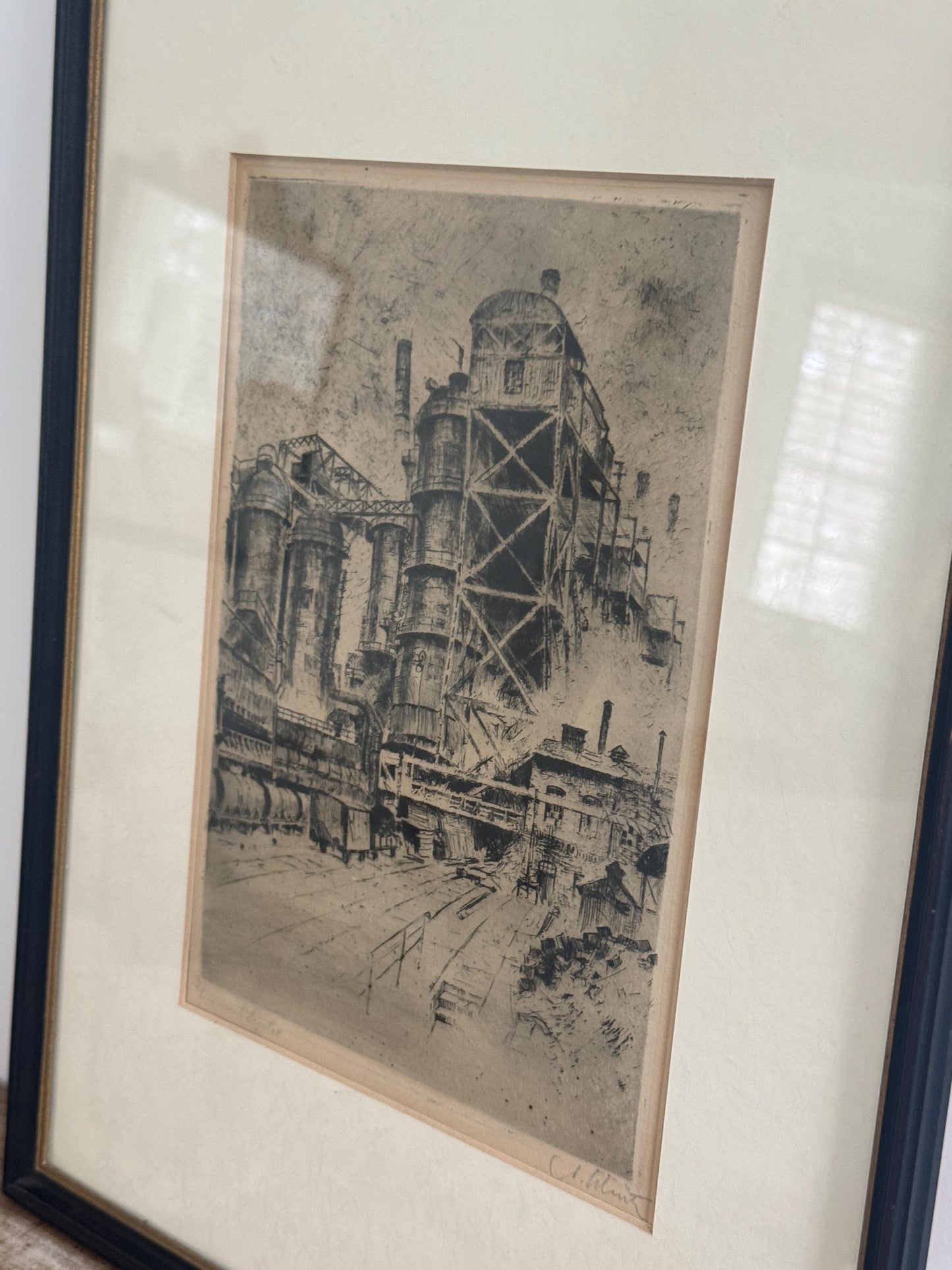 Anton Shutz Vintage Pencil Signed Etching Black Framed Train Align Rail Industrial Railway Print "Eisenwerk Bei Hattingen" Ironworks