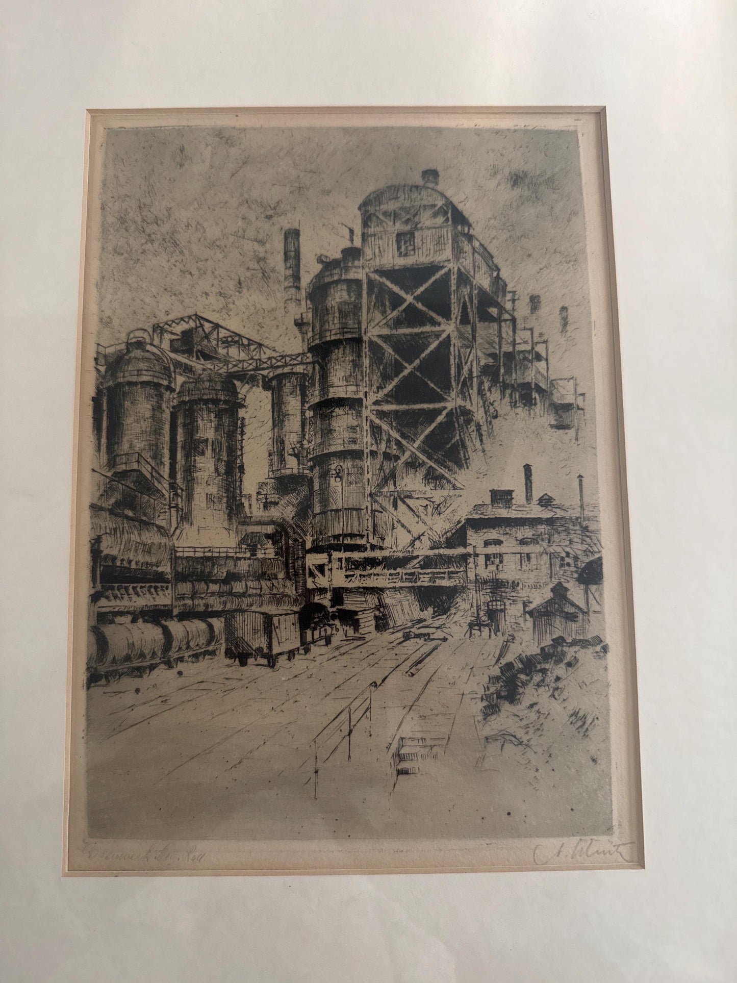 Anton Shutz Vintage Pencil Signed Etching Black Framed Train Align Rail Industrial Railway Print "Eisenwerk Bei Hattingen" Ironworks