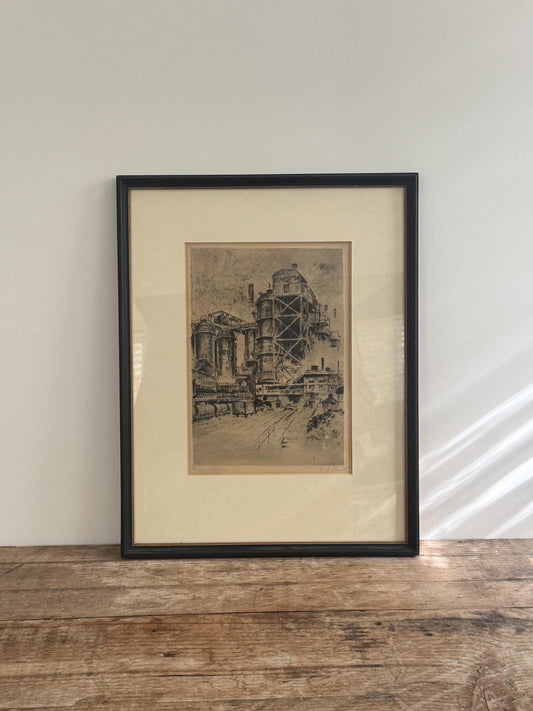 Anton Shutz Vintage Pencil Signed Etching Black Framed Train Align Rail Industrial Railway Print "Eisenwerk Bei Hattingen" Ironworks