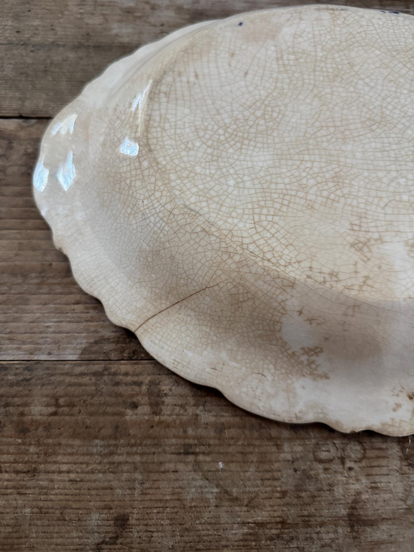 Limoges Antique Flow Blue Serving Transferware Platter Ironstone Distressed Crazed Plate Scalloped Oval