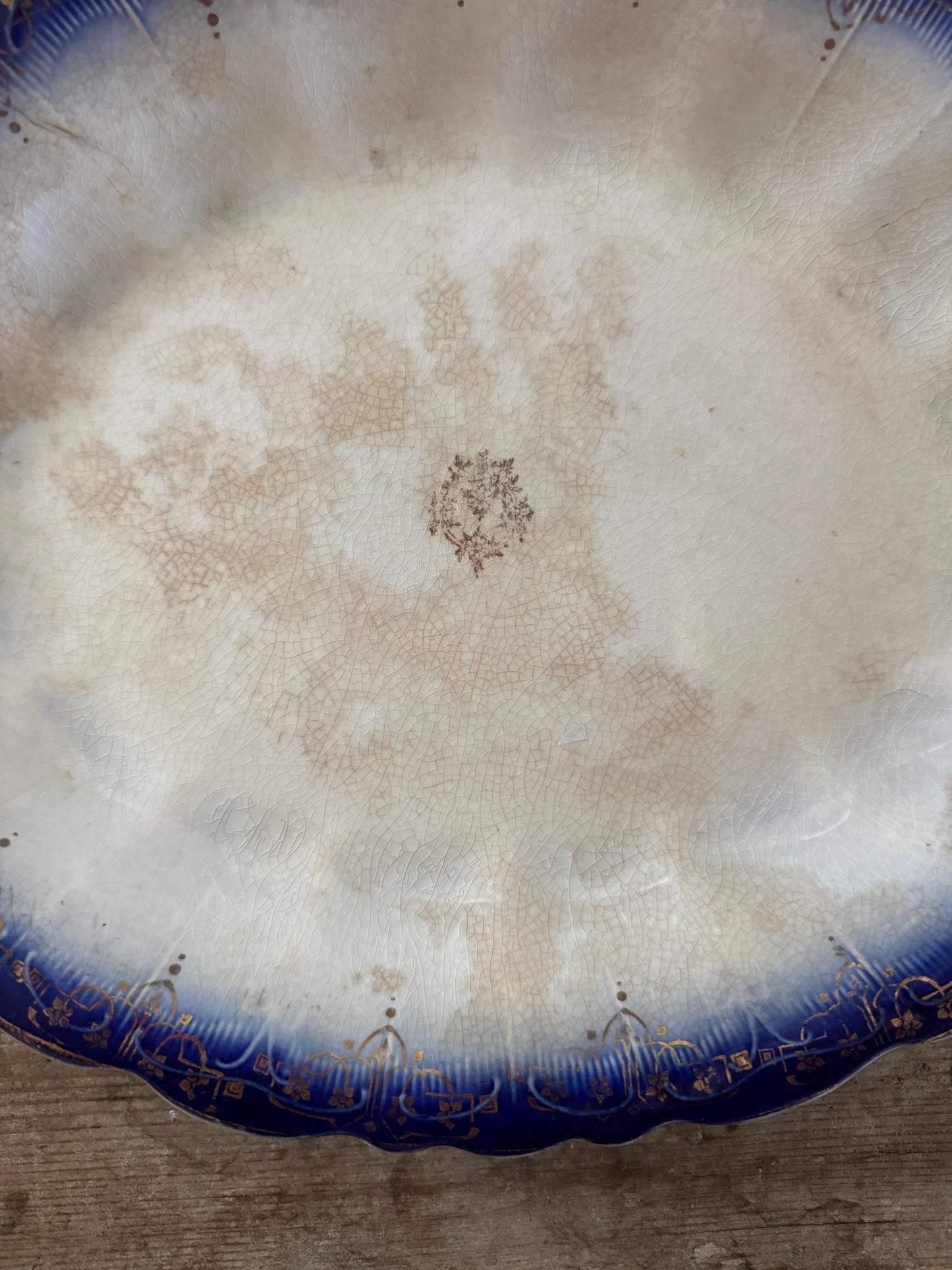 Limoges Antique Flow Blue Serving Transferware Platter Ironstone Distressed Crazed Plate Scalloped Oval