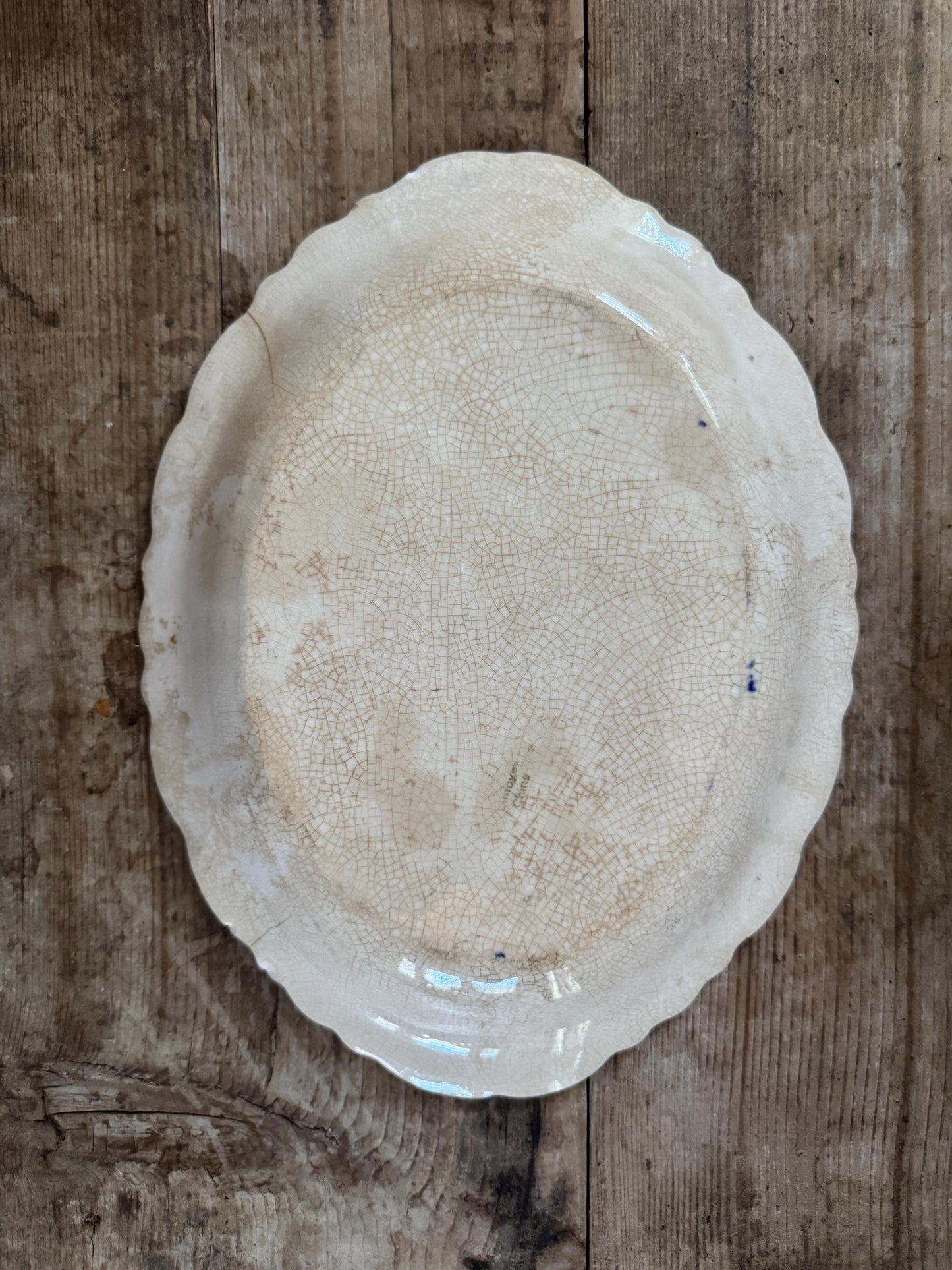Limoges Antique Flow Blue Serving Transferware Platter Ironstone Distressed Crazed Plate Scalloped Oval