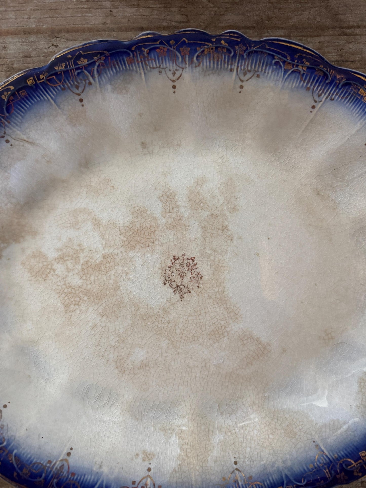 Limoges Antique Flow Blue Serving Transferware Platter Ironstone Distressed Crazed Plate Scalloped Oval