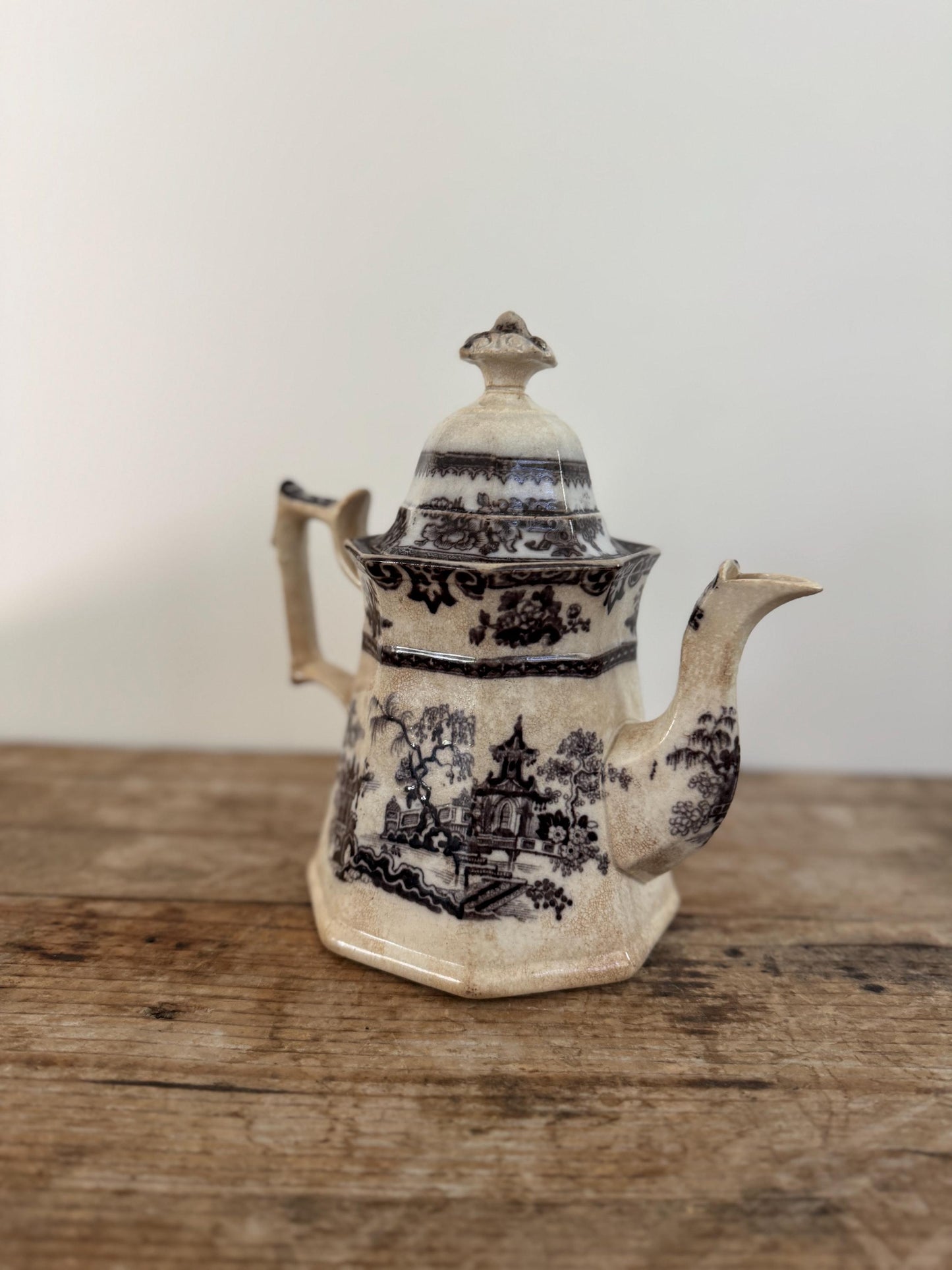 Antique 1800s Teapot English Flow Black White Ironstone Tea Pot Pitcher Crazed Stained