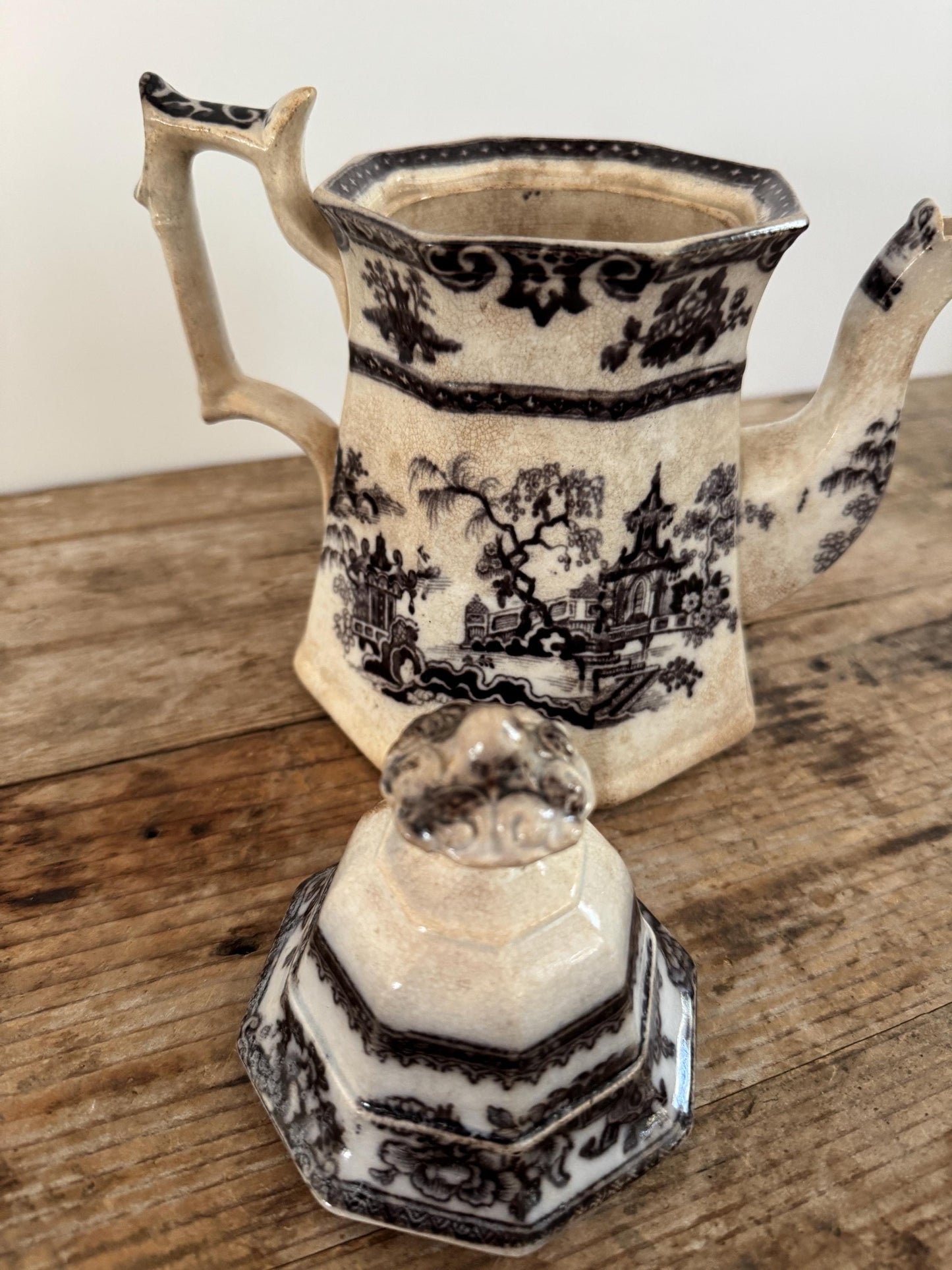 Antique 1800s Teapot English Flow Black White Ironstone Tea Pot Pitcher Crazed Stained