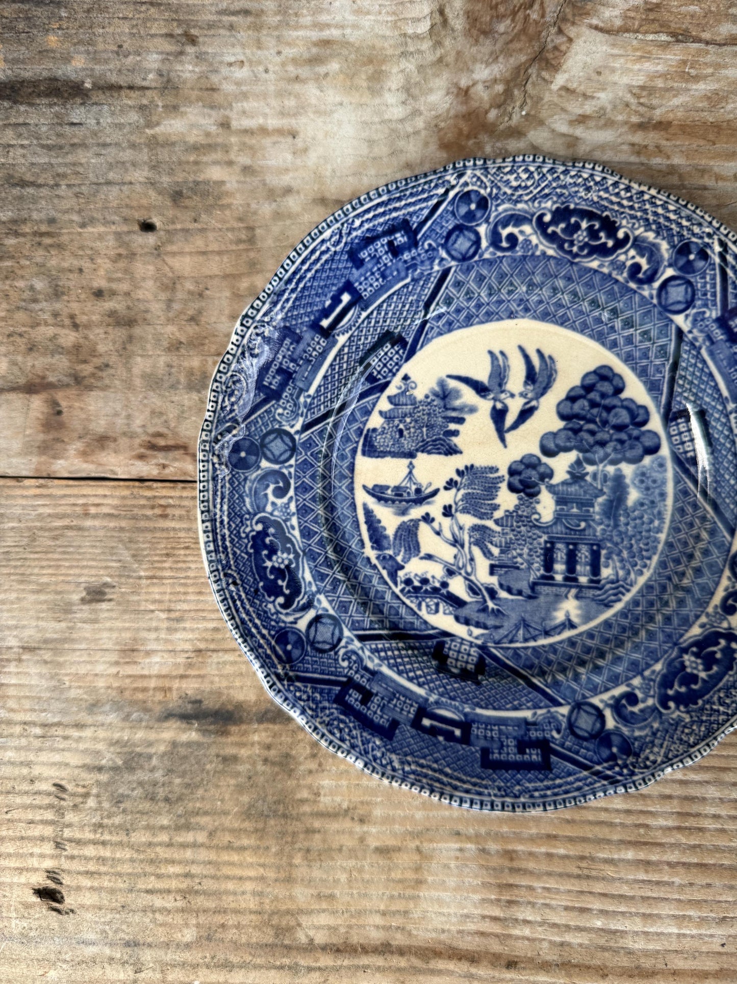 Antique Blue Willow Buffalo Pottery 6" England Blue Ironstone Fruit Plate Transferware Saucer